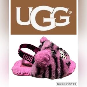 UGG Pink and Black Striped Fuzzy Slippers